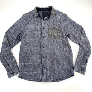 Sandanista Button Front Shirt Womens Sz M Blue Black Linen Blend Coastal Grandma